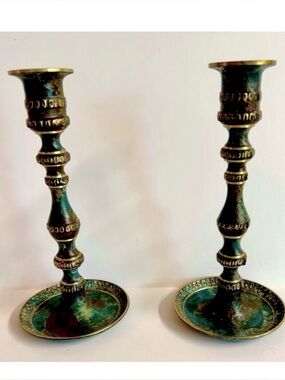 Antique Solid Brasss Green Patina  Candle Holders - Pair-Made in Japan